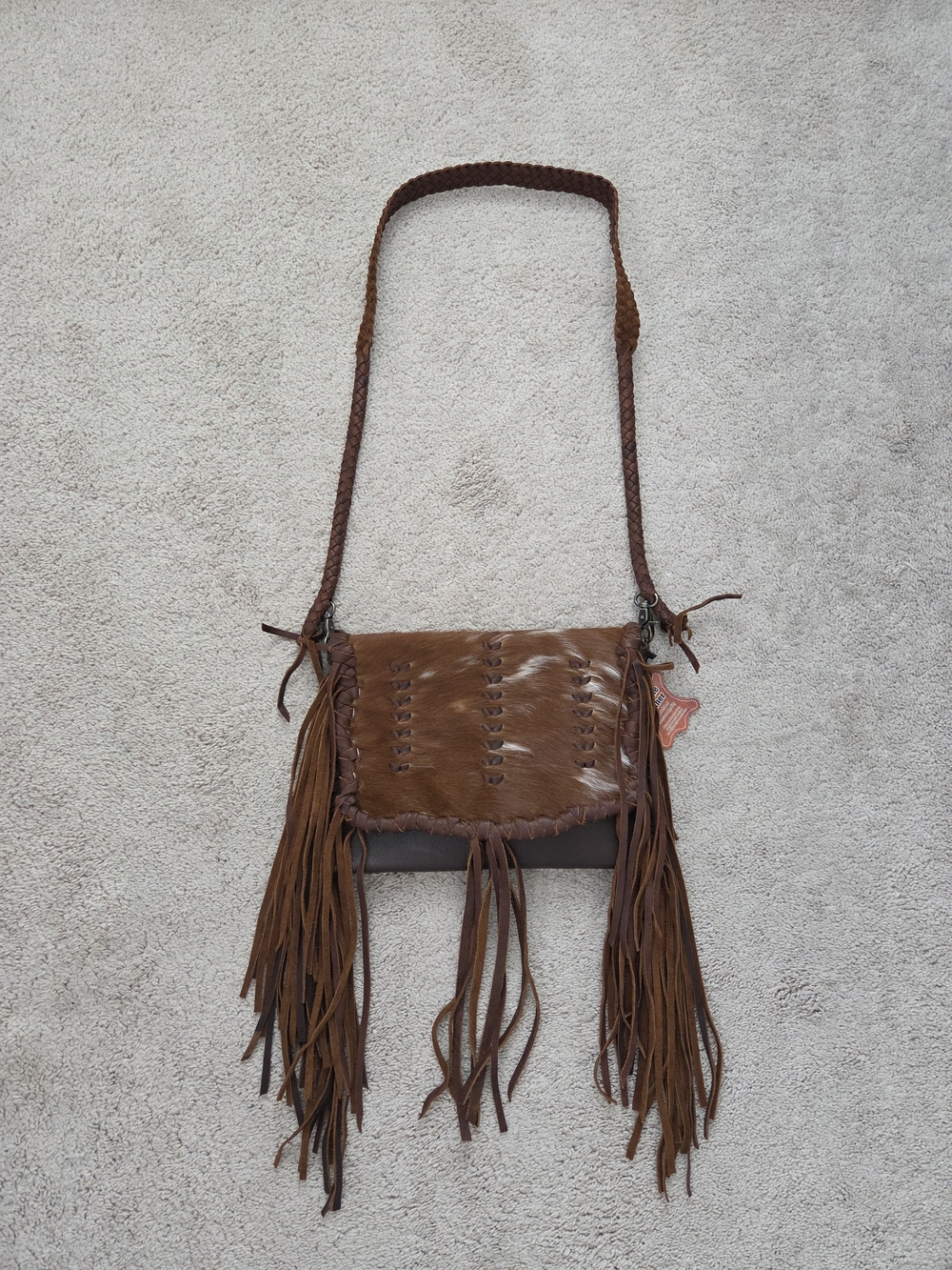 New! American Darling Cowhide Brown Fringe Crossbody